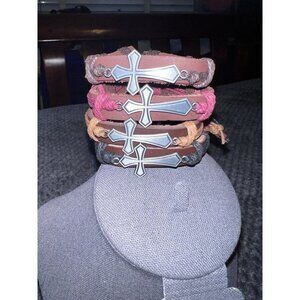 Christian Cuff Bracelet ANTIQUE SILVER CROSS Leather Adjustable Strap Set